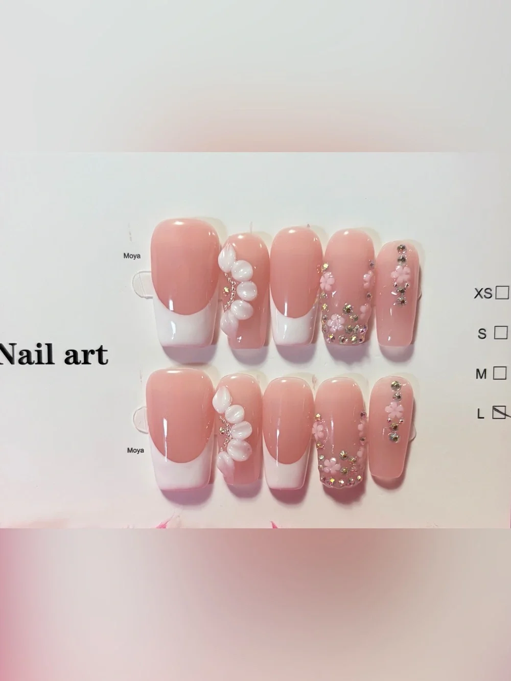 Pink Nude French Manicure Press-On Nails with 3D Floral Accents